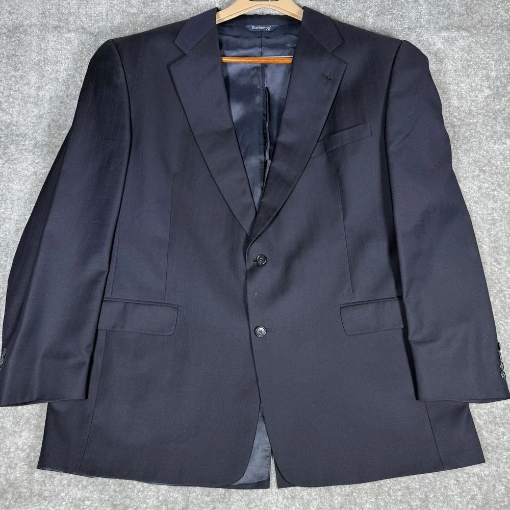 Vintage‎ Burberry Blazer Men's 48L Navy Blue Super 100s Wool Striped Jacket
